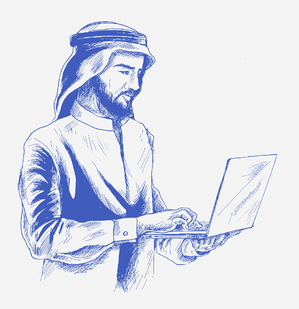 رسمة رجل سعودي بالغترة والعقال يعمل على لابتوب